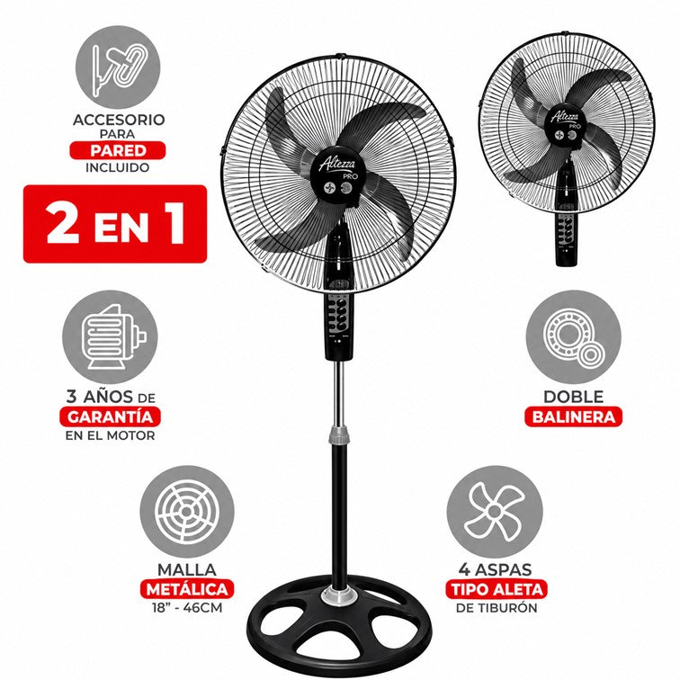 Ventilador Altezza Pro Motor a Balineras 2-1 Malla Metalica ASF-MM1877B