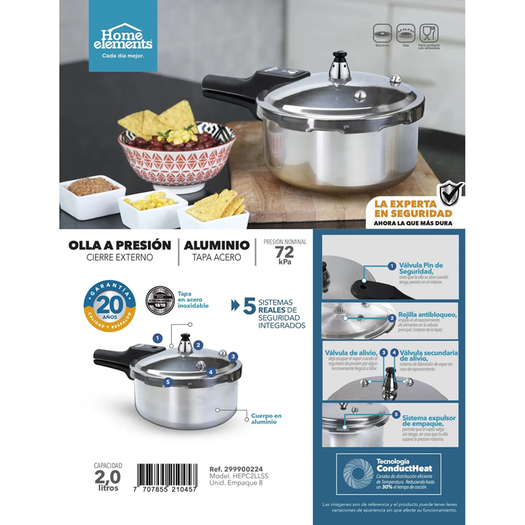 Olla a Presión Home Elements de 2 Litros Con Tapa en Acero Inoxidable HEPC2LLSS