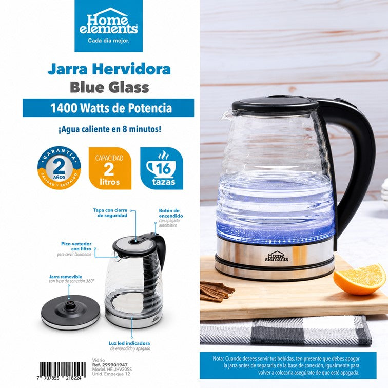 Jarra Hervidora Home Elements Blue Glass de 2 Litros HEJHV20SS