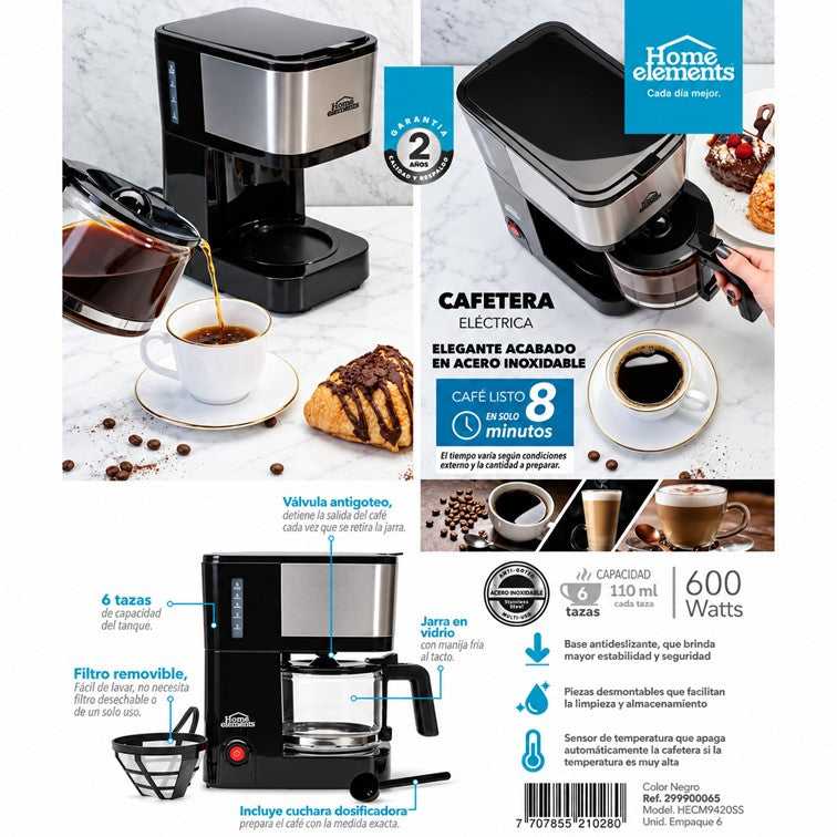 Cafetera Home Elements de 6 Tazas en Acero Inoxidable HECM-9420SS