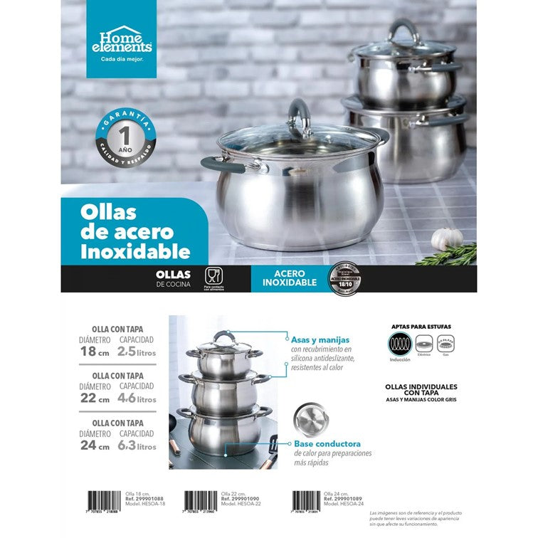 Olla en Acero Inoxidable de 22 Cm Home Elements HESOA-22