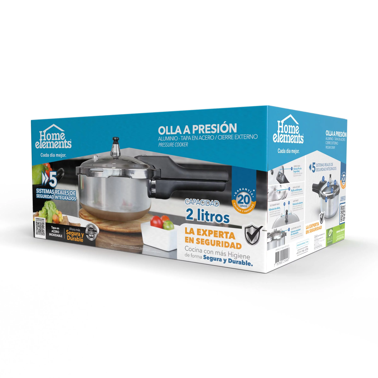 Olla a Presión Home Elements de 2 Litros Con Tapa en Acero Inoxidable HEPC2LLSS