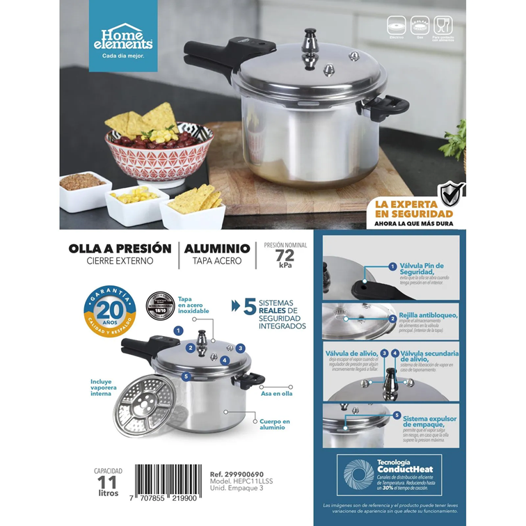Olla a Presión Home Elements de 11 Litros Con Tapa en Acero Inoxidable HEPC11LLSS