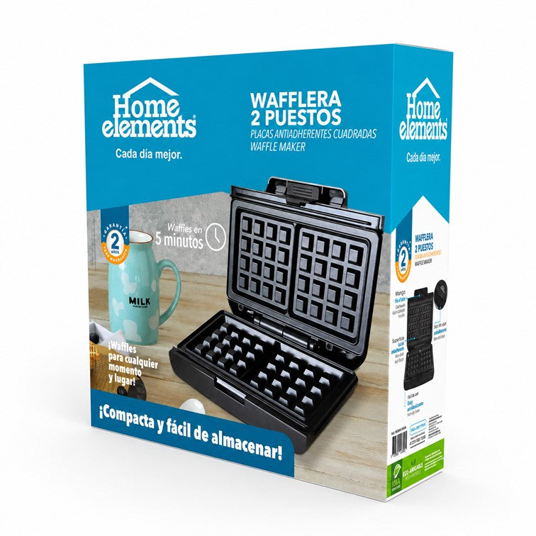 Waflera Eléctrica Cuadrada Home Elements 2 Puestos HEWM155N