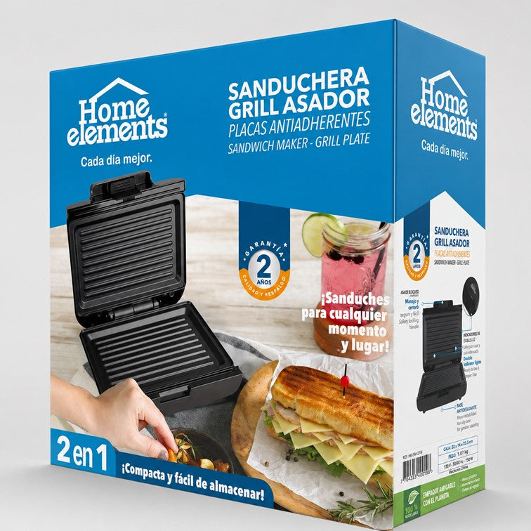 Sanduchera Dos Puestos Home Elements Platos Grill Negro HESMG155N