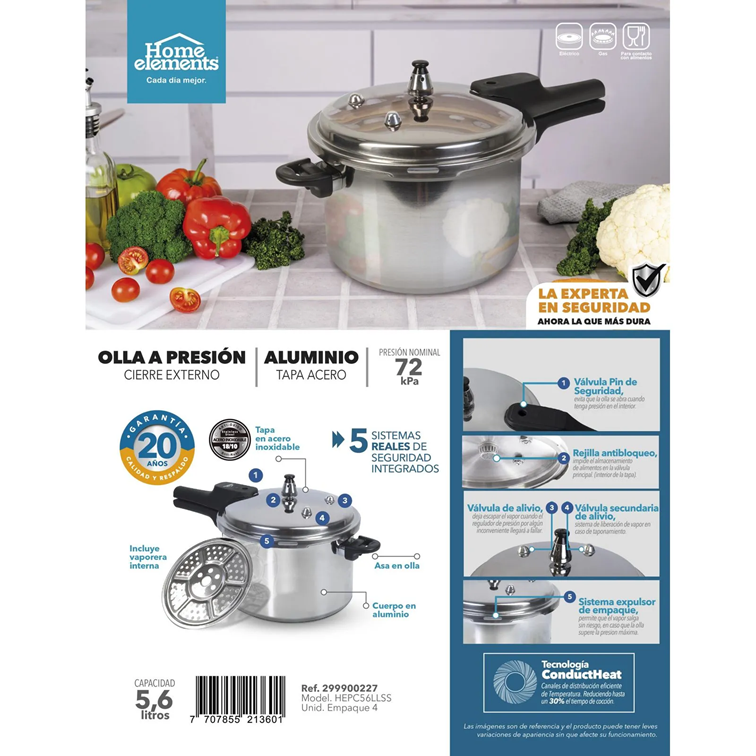 Olla a Presión Home Elements de 5,6 Litros Con Tapa en Acero Inoxidable HEPC56LLSS