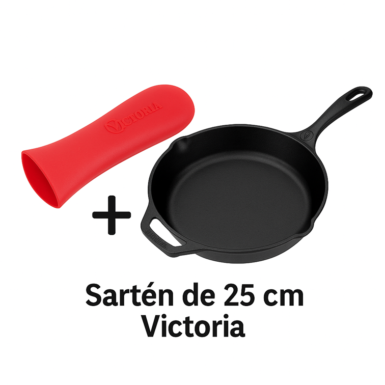 Combo Sartén de Hierro Fundido Victoria de 25 Cm + Mango de Silicona
