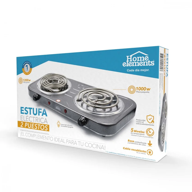 Estufa Eléctrica Home Elements de 2 Puestos Gris HE-003LG