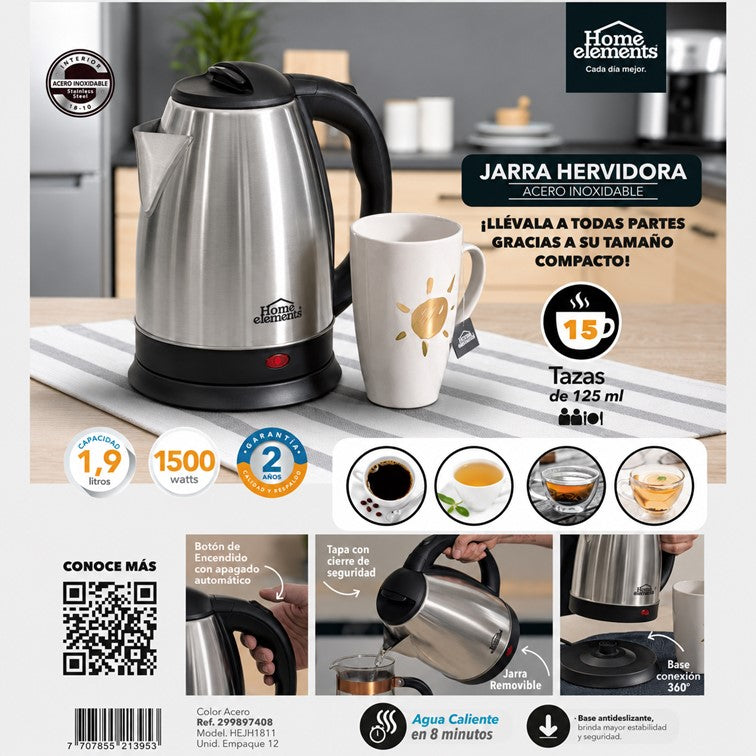 Jarra Hervidora Home Elements en Acero Inox de 1.9 Litros HEJH181