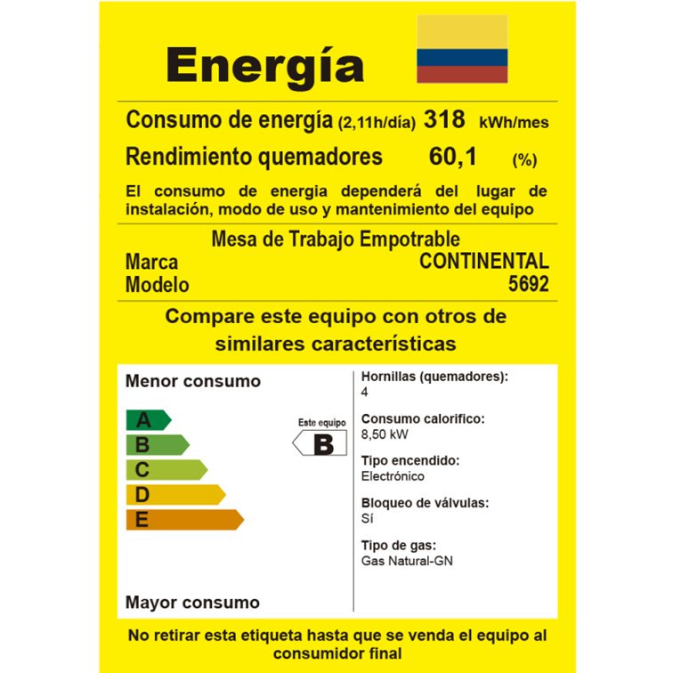 Estufa Continental de Empotrar Vidrio Templado Gas Natural 5692