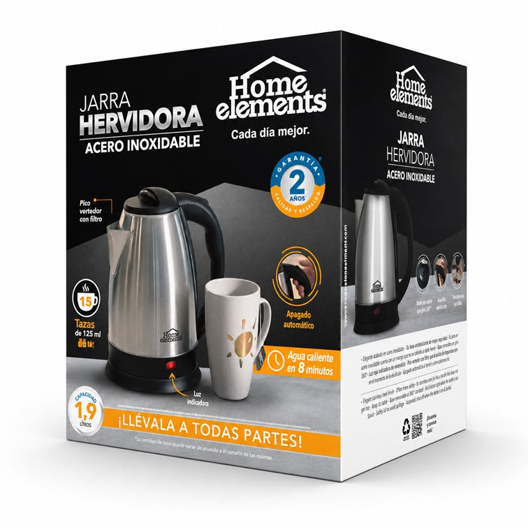 Jarra Hervidora Home Elements en Acero Inox de 1.9 Litros HEJH181