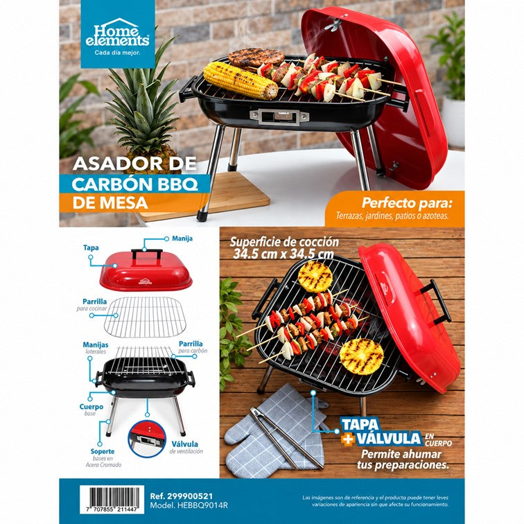 Asador a Carbon de Mesa BBQ Home Elements Rojo HEBBQ9014R
