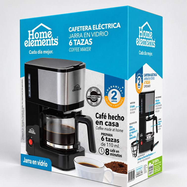 Cafetera Home Elements de 6 Tazas en Acero Inoxidable HECM-9420SS