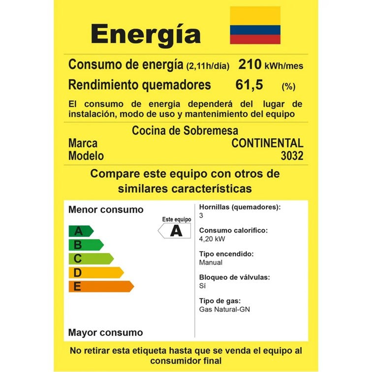 Estufa de Sobremesa Esmaltada Continental de 3 Puestos Gas Natural 3032