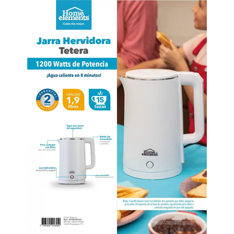 Jarra Hervidora Tetera Home Elements de 1,9 Litros HEEK1803B
