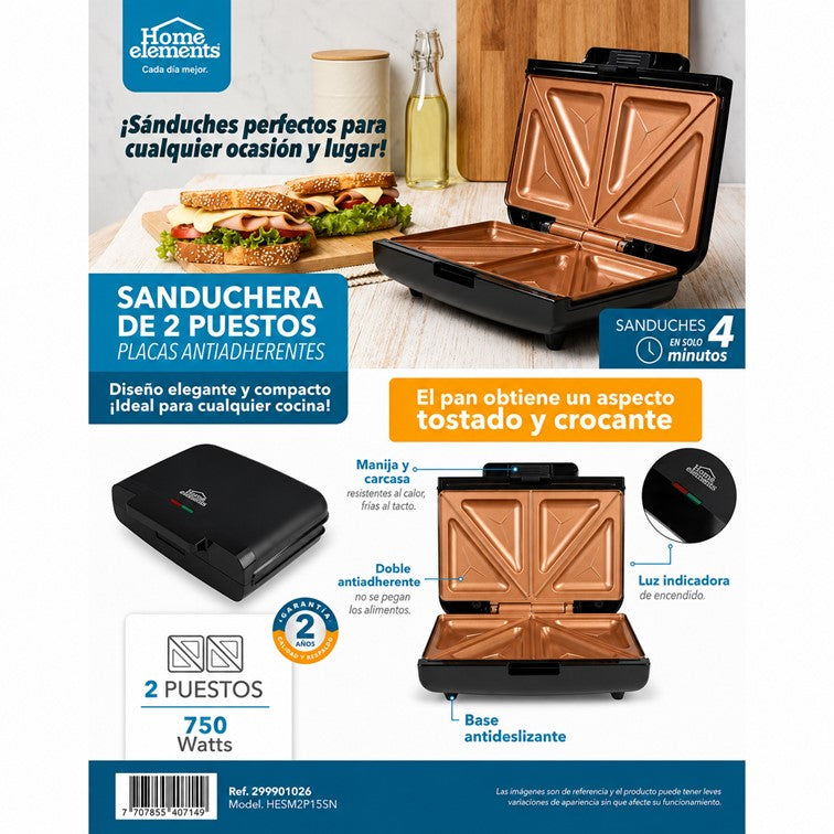 Sanduchera Dos Puestos Home Elements Platos Cobre HESM2P155NC