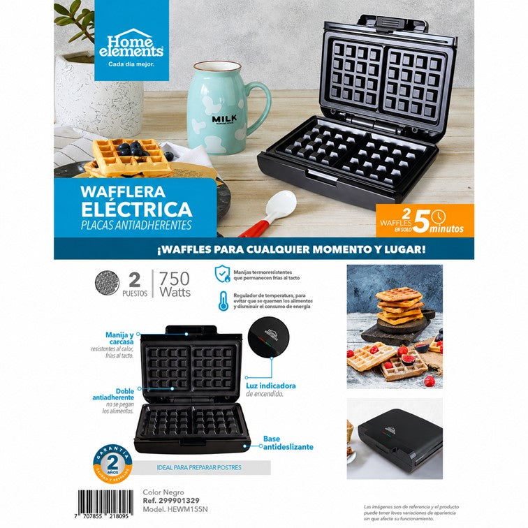 Waflera Eléctrica Cuadrada Home Elements 2 Puestos HEWM155N
