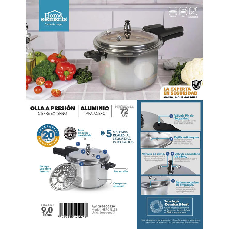 Olla a Presión Home Elements de 9L Con Tapa en Acero Inoxidable HEPC9LLSS