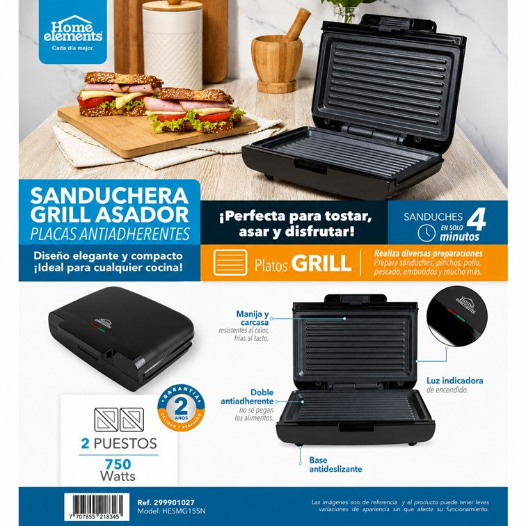 Sanduchera Dos Puestos Home Elements Platos Grill Negro HESMG155N